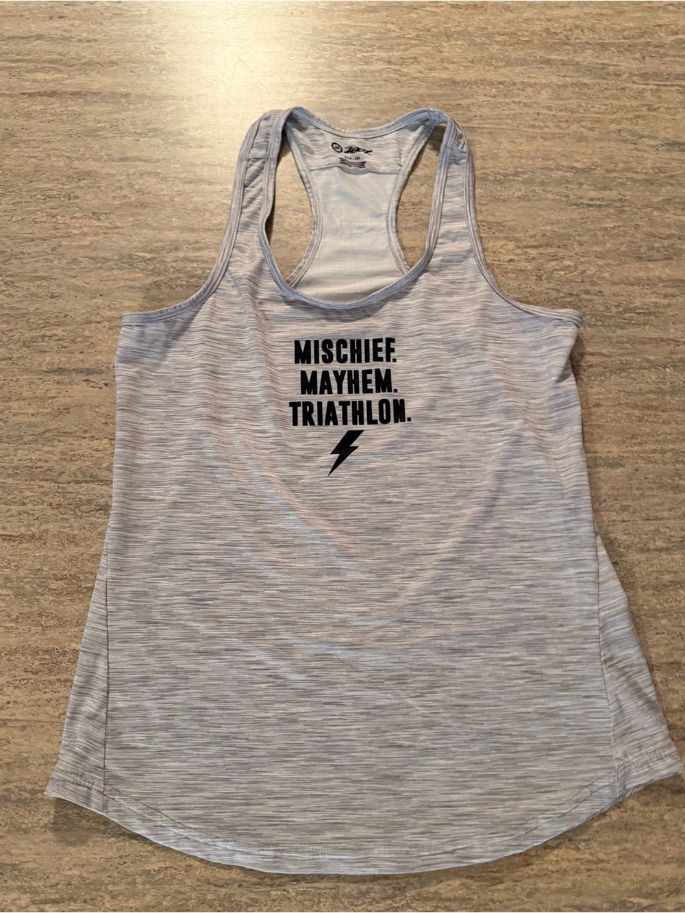 Zoot Light Heather Gray Racerback Tank with Black Print